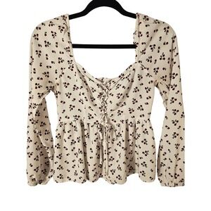 Aeropostale Women Floral Lace Up Peplum Smock Puff Sleeve Babydoll Med